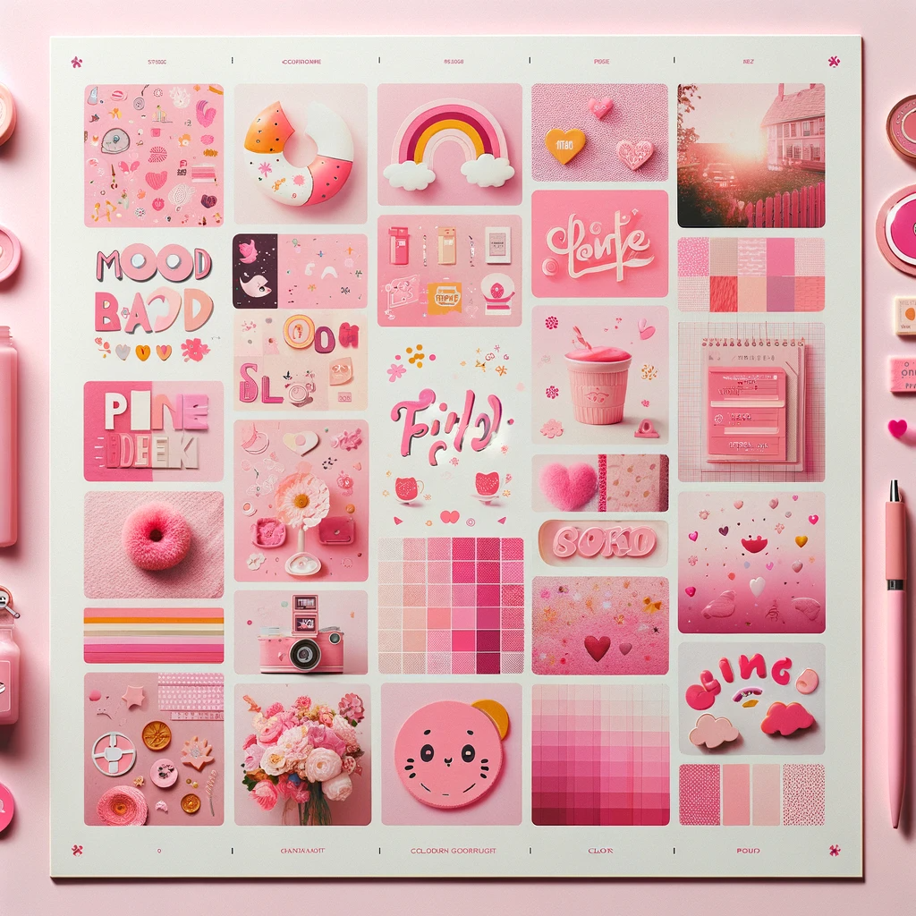 DALL·E 2023 12 20 23.55.39 A mood board layout template with a playful theme predominantly featuring the color pink. This mood board includes various elements such as a typefac